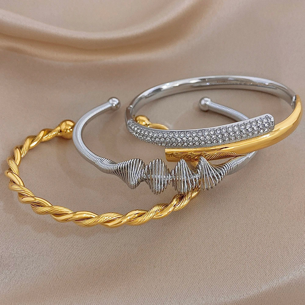 Trendy Gold Silver Color Stainless Steel Cuff Bangle for Women Unique Geometric Spiral Chunky Bracelets Waterproof Jewelry