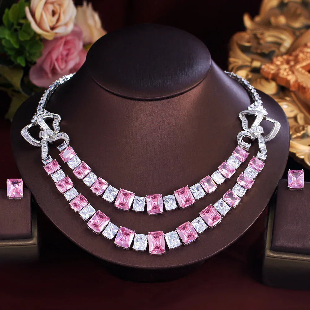 Pink and clear square-stone double-layer necklace with matching earrings