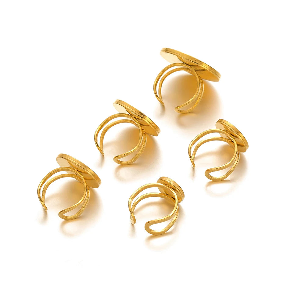 Gold-tone open round cabochon ring bases with adjustable band