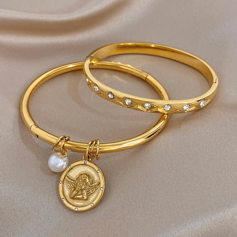 Vintage Geometric Textured Cuff Bangle for Women Glossy Gold Plated Copper Zircon Coin Pendant Bracelets Waterproof Jewelry