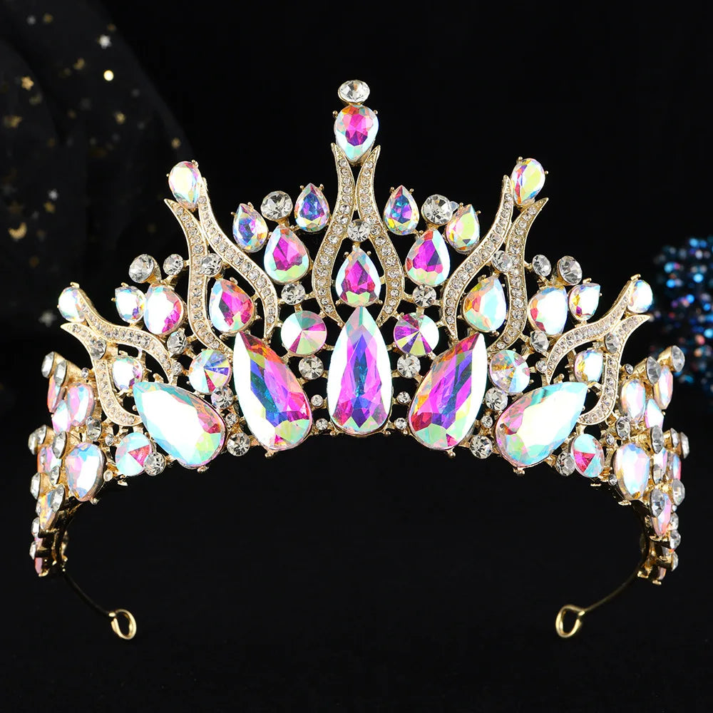 Rhinestone tiara headpiece with pink and opal AB crystals in ornate geometric crown