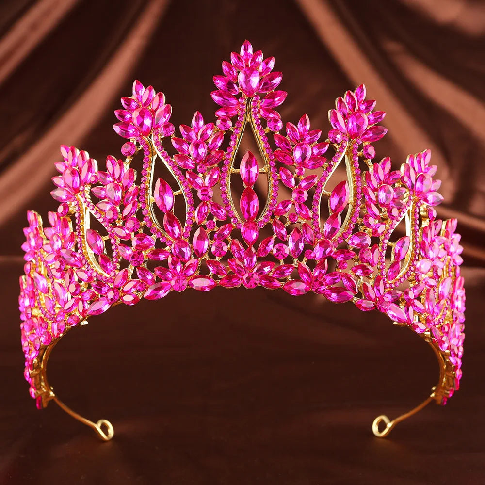 Pink rhinestone bridal tiara with marquise stones and floral crown design