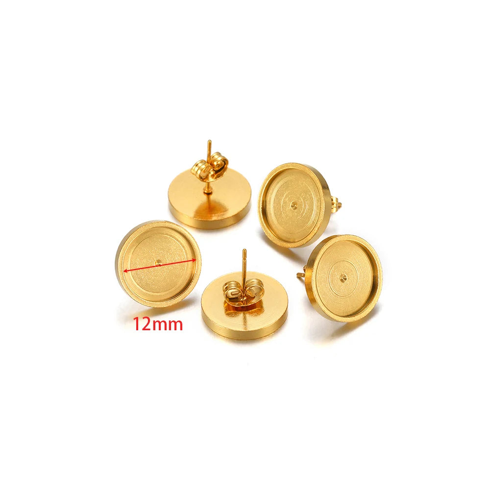 Gold-tone round stud earring bases, 12mm size marking visible, with posts and backs
