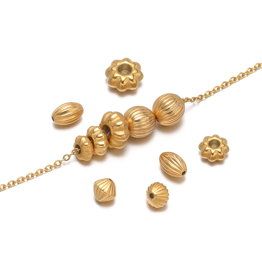 Gold-plated pumpkin striped spacer beads, ribbed round beads with center hole
