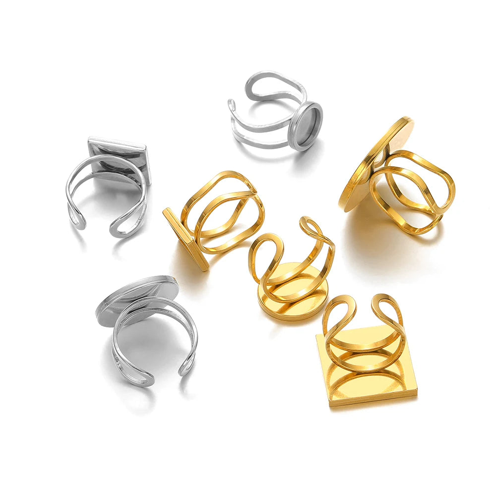 Mixed gold- and silver-tone open cabochon ring bases with square and round bezels