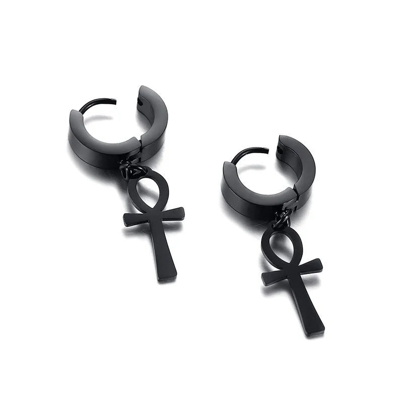 Matte black cross drop hoop earrings with straight cross charm