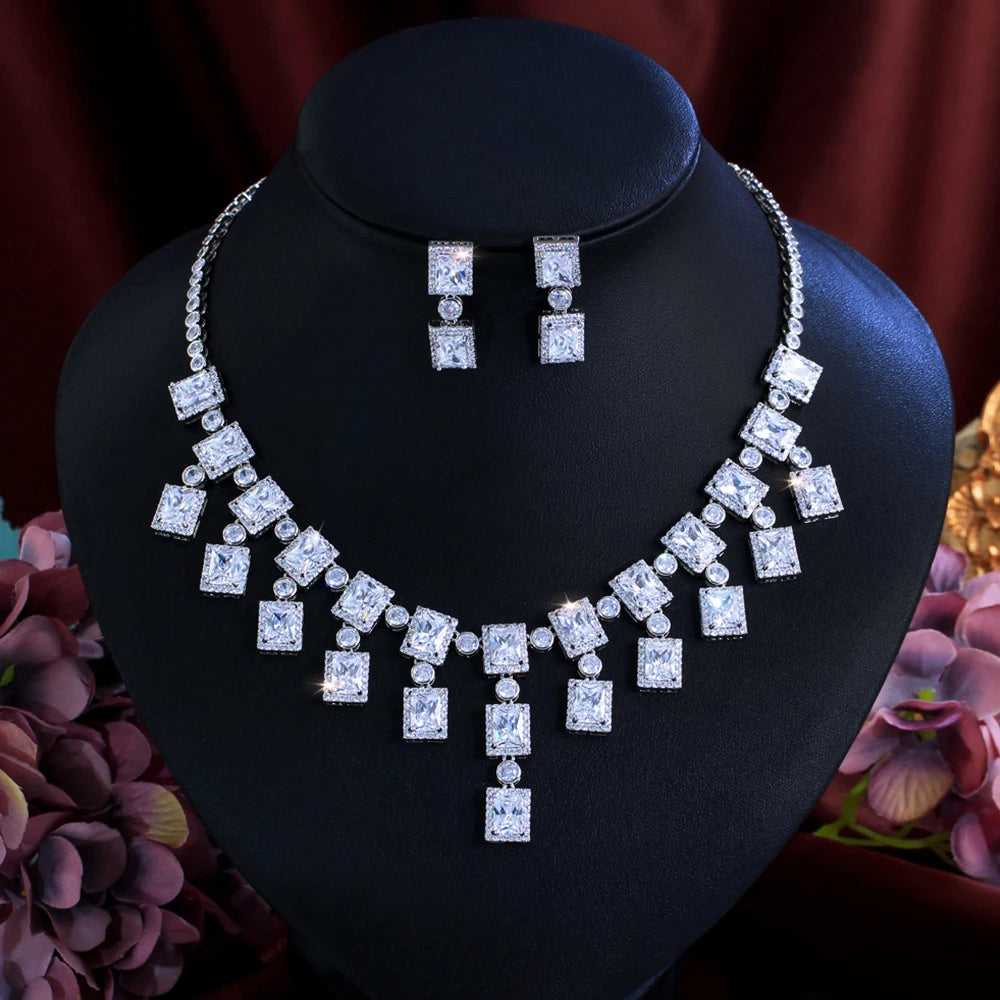 Square crystal CZ drop tassel necklace with matching square earrings set