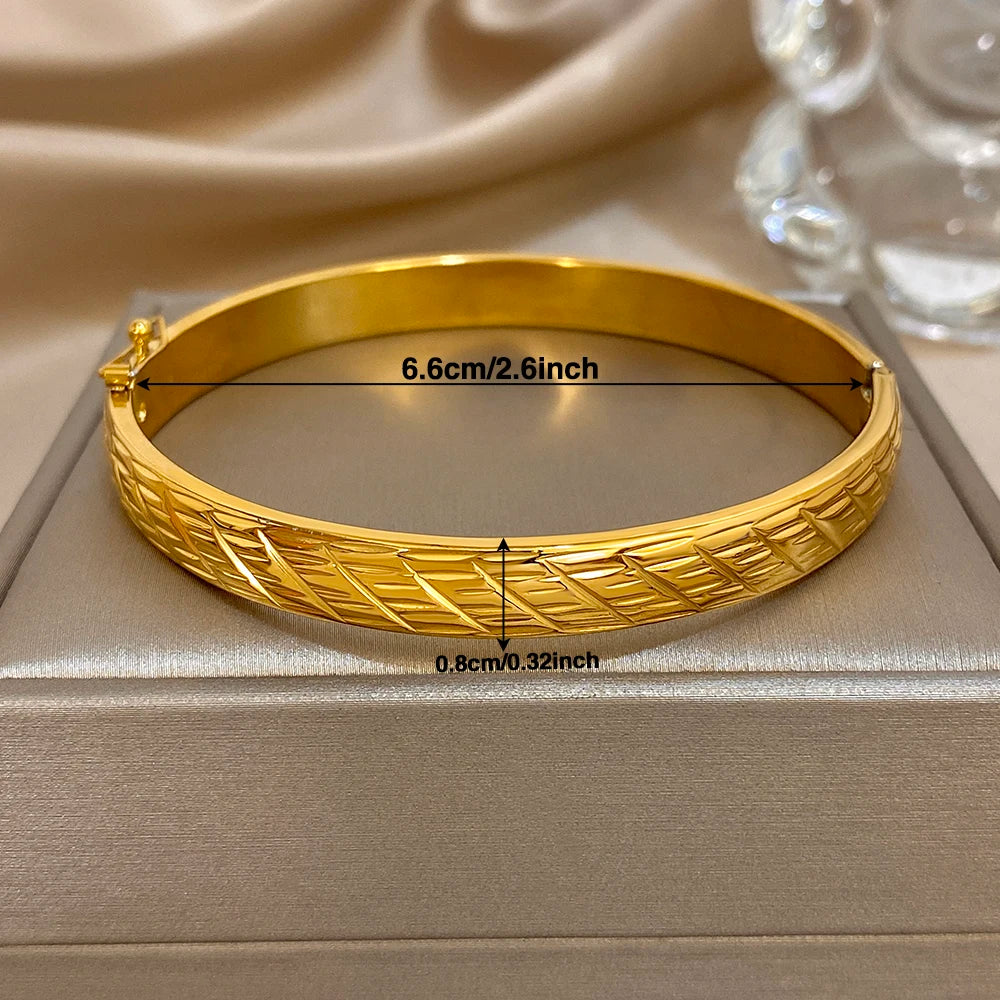 Vintage Geometric Textured Wide Bracelet for Women Glossy Gold Plated Stainless Steel Cuff Bangle Bracelets Waterproof Jewelry