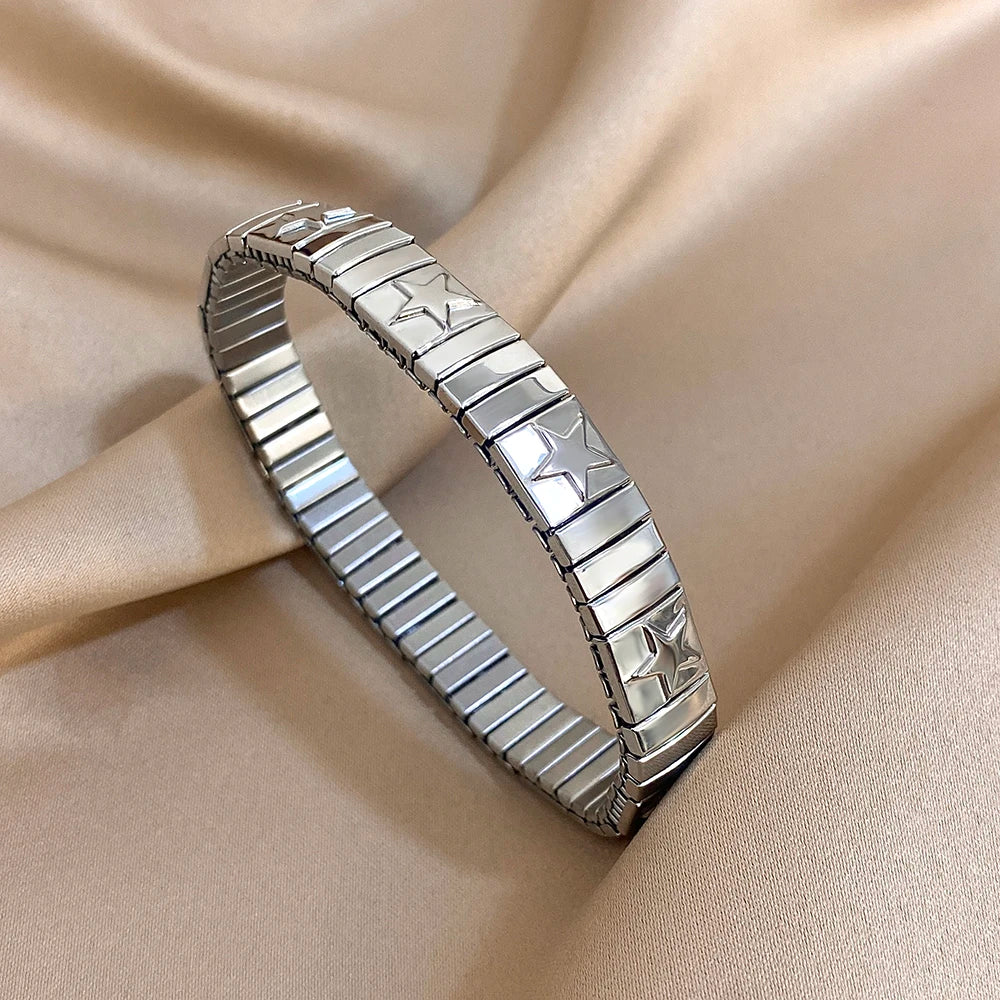 Trendy Star Textured Stainless Steel Bracelet for Women Men Adjustable Elastic Watchband Bangle Bracelets Waterproof Jewelry