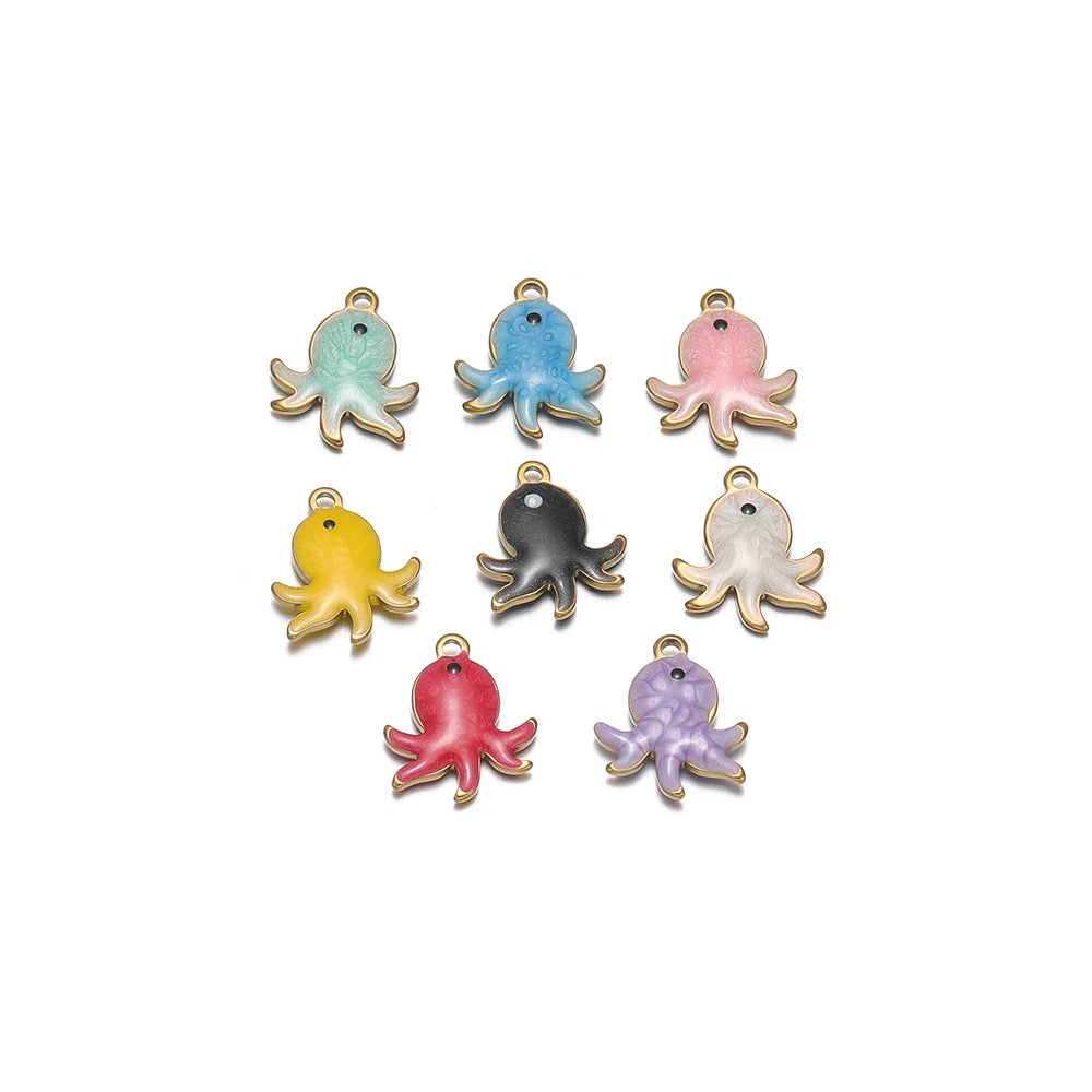 Assorted enamel octopus charms with gold-tone loops, multiple bright colors