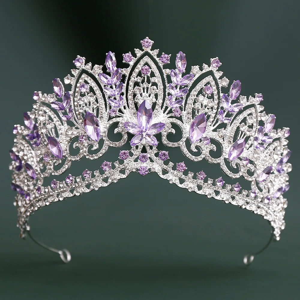 Baroque Purple Crystal Wedding Crowns Rhinestone Bridal Tiaras Pageant Diadem Miss Universe Wedding Hair Jewelry Accessories