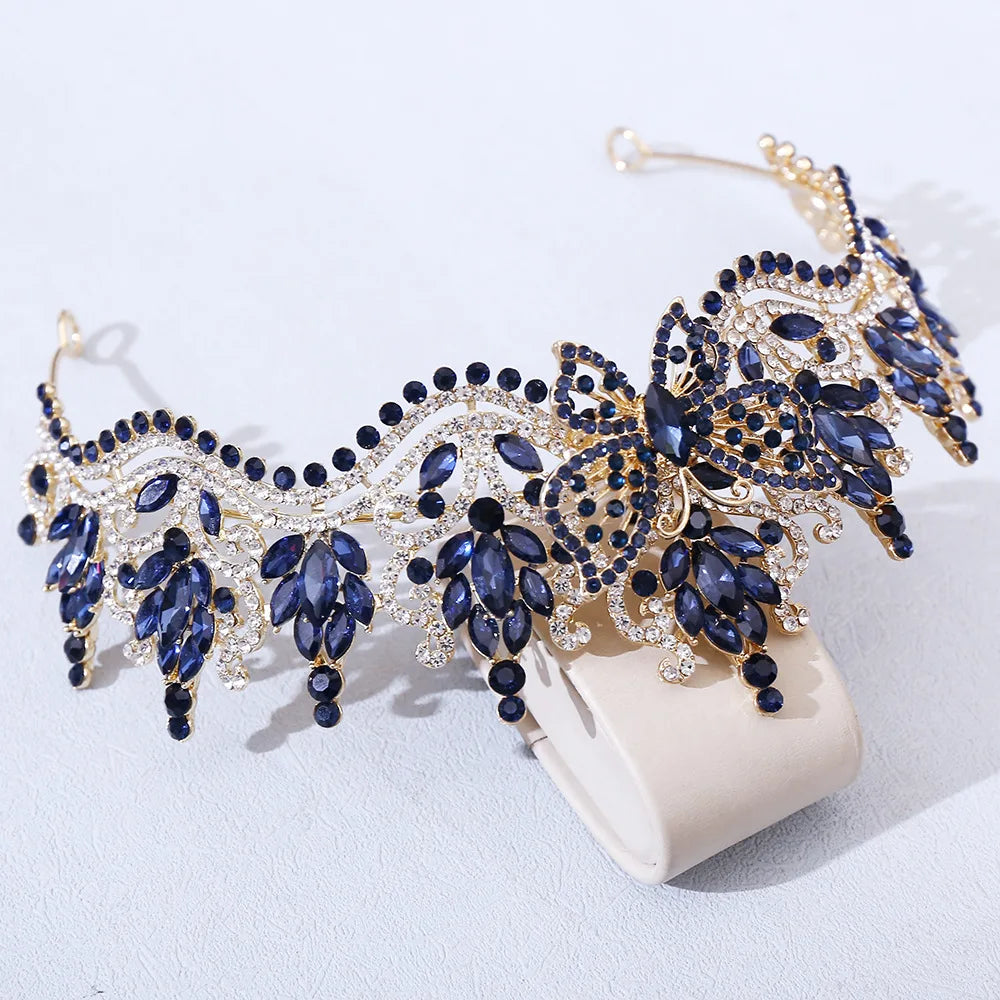Blue and clear rhinestone tiara headband with cascading leaf details