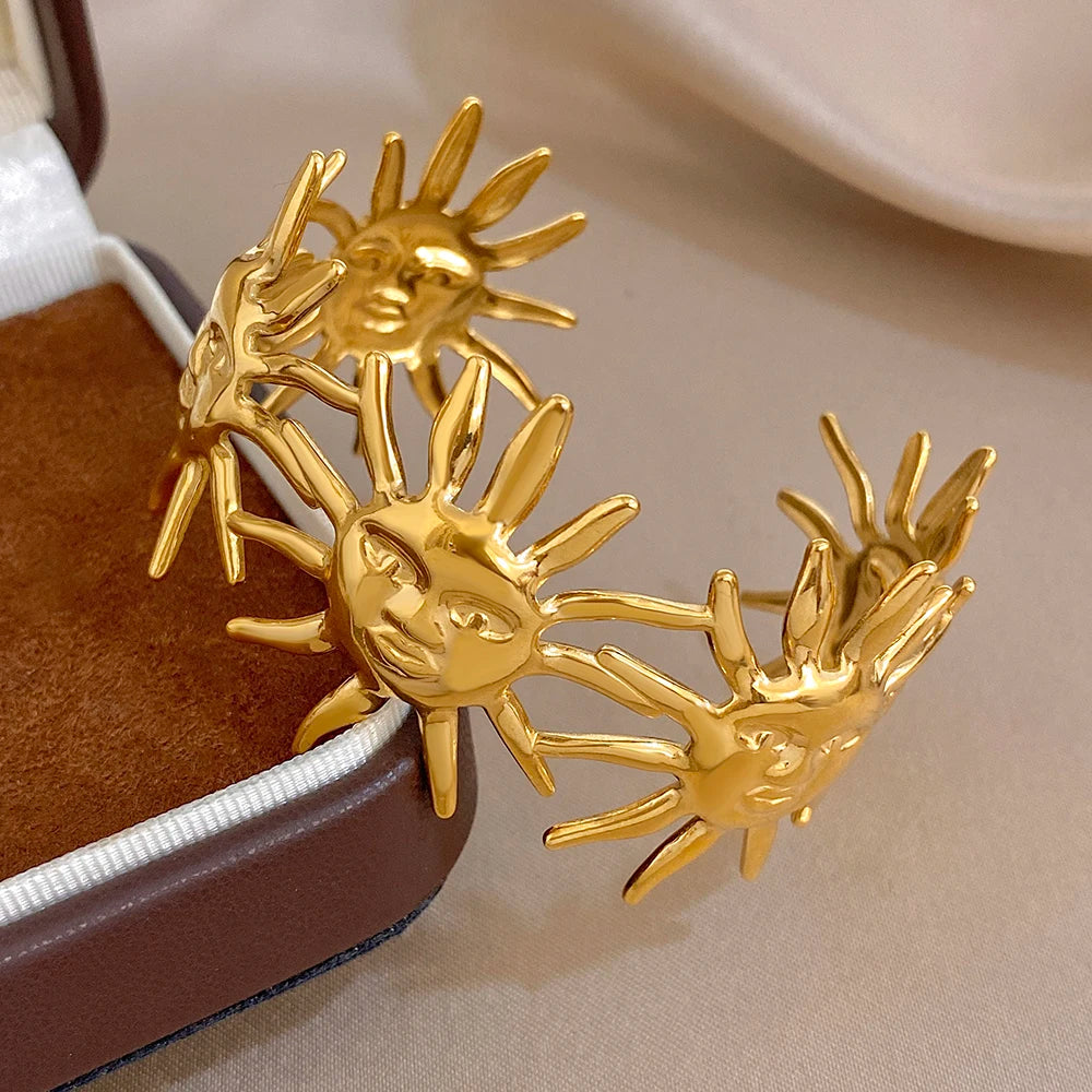 Bohemian Gold Plated Stainless Steel Cuff Bangle for Women Exaggerated Abstract Sun Patchwork Bracelets Waterproof Jewelry