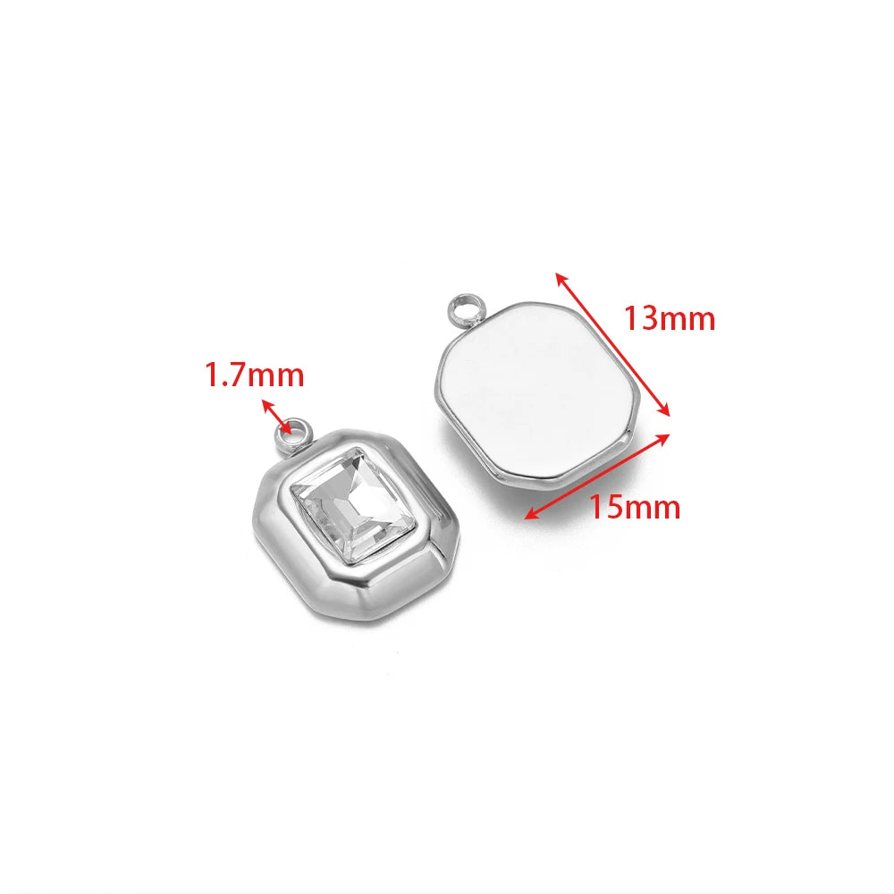 Silver square charm pendant with clear rhinestone, size and loop diagram