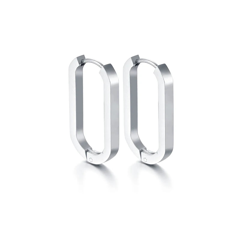 Silver-tone rectangular oval hoop earrings with glossy stainless steel finish