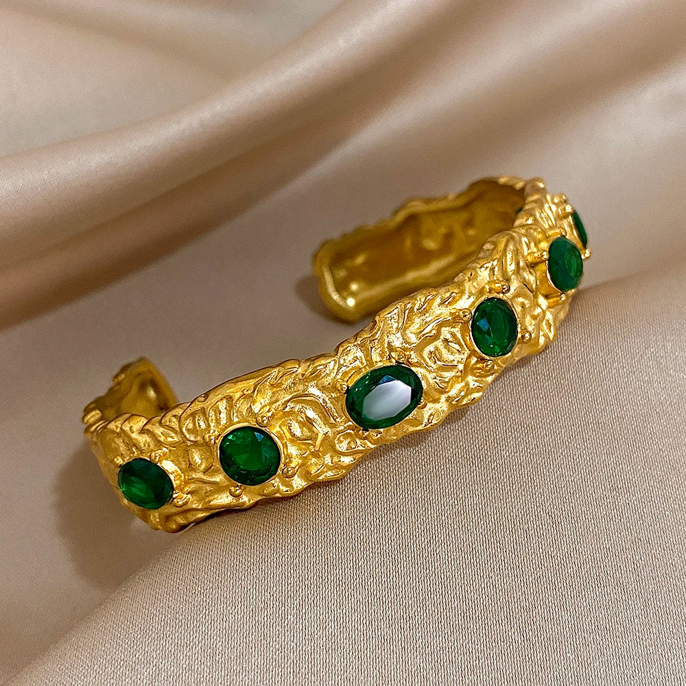Vintage Green Zircon Stainless Steel Cuff Bracelet Chunky Geometric Textured Gold Plated Open Bangles Waterproof Jewelry