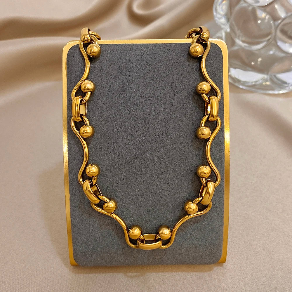 Irregular Curved Chain Beads Spliced Necklace Delicate Gold Plated Stainless Steel Choker Clavicle Necklaces Waterproof Jewelry