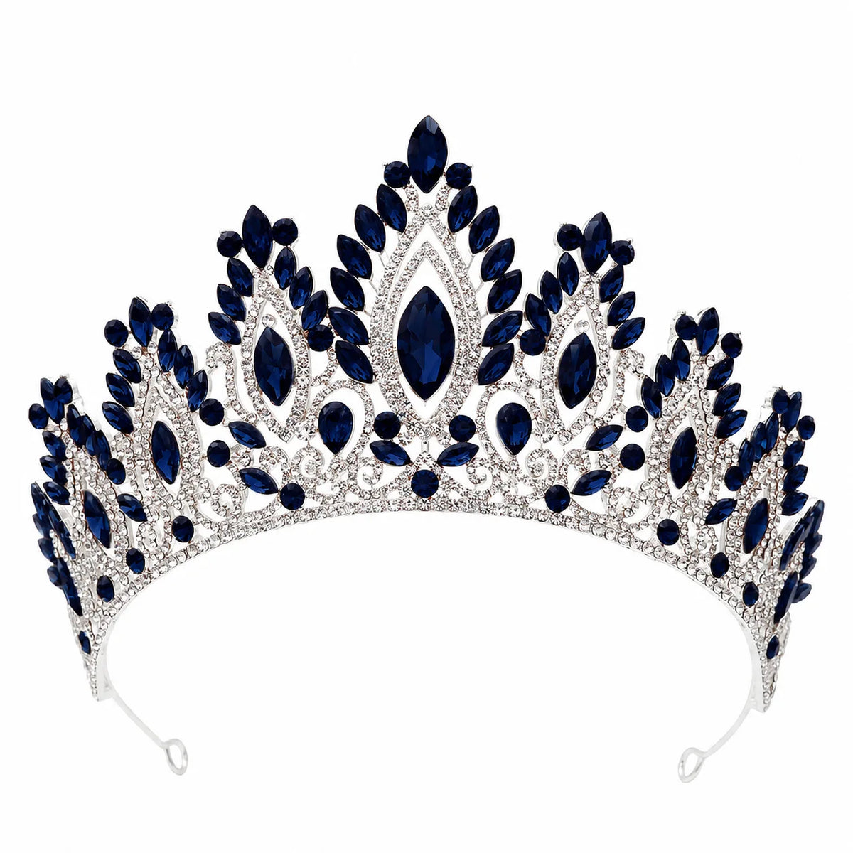 Crystal tiara headband with dark blue rhinestone marquise stones and jeweled peak