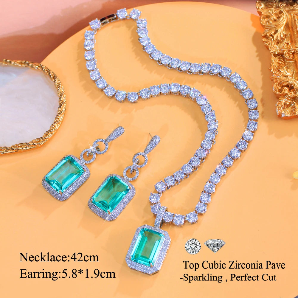 Necklace and earring set with green rectangular cubic zirconia tennis chain and earrings