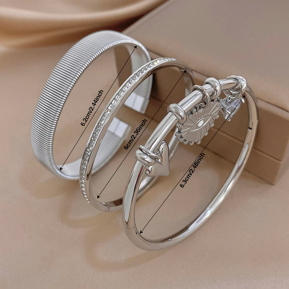 Trendy Silver Color Stainless Steel Cuff Bangle for Women Chunky Zircon Heart Charms Stacked Bracelets Waterproof Jewelry