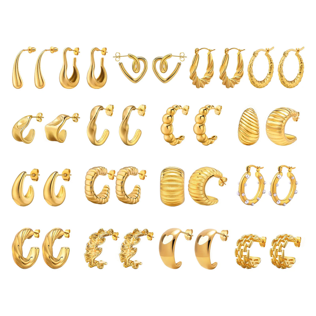 Gold-plated hoop earrings assortment in multiple heart and twisted styles for women