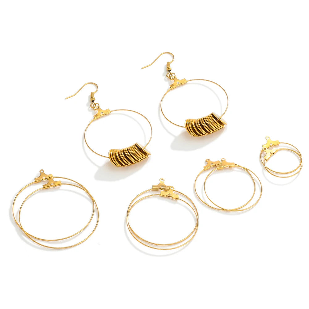 Gold hoop earring findings with clasp hooks and coiled spring accents, multiple sizes