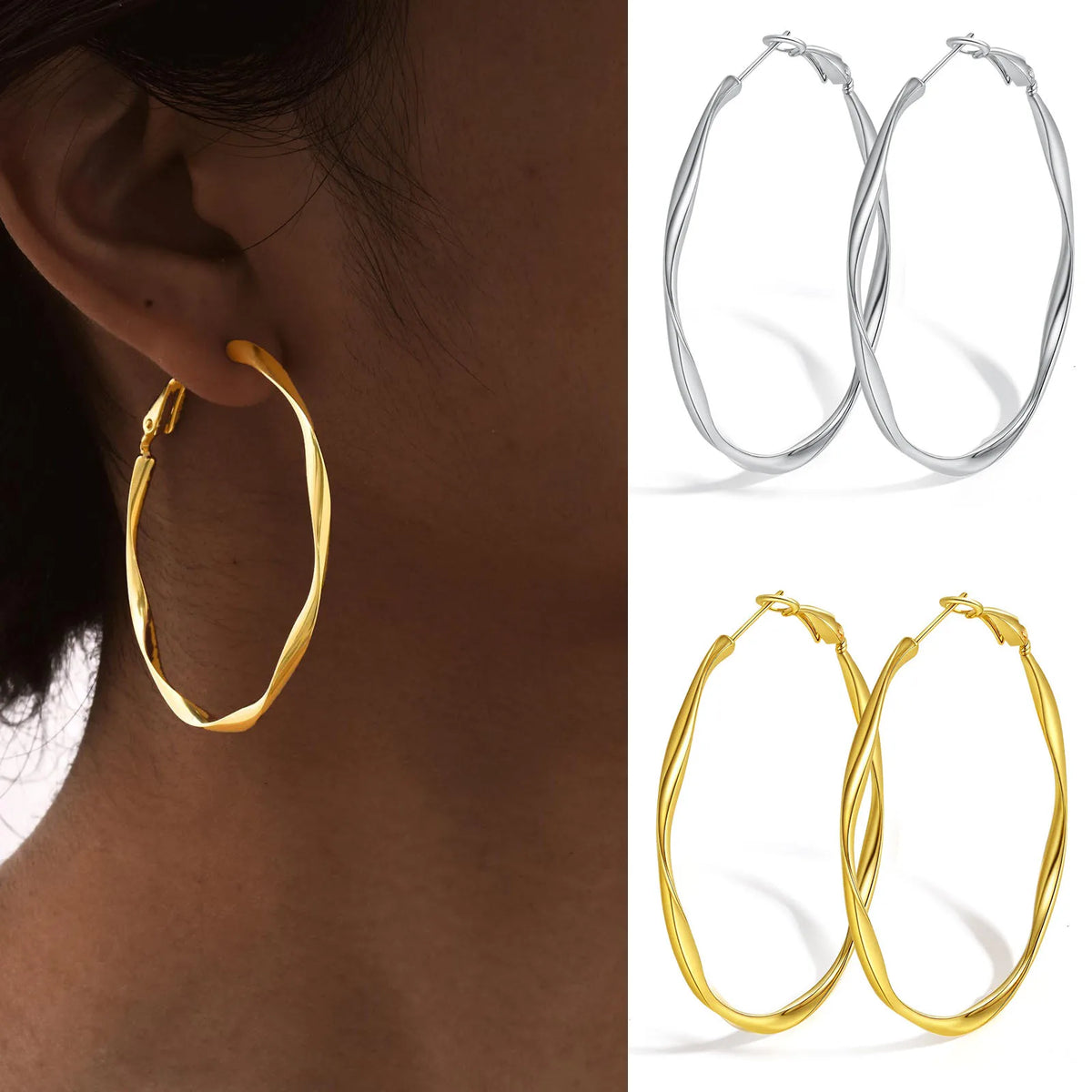 Twisted hoop earrings shown worn and in silver and gold tones
