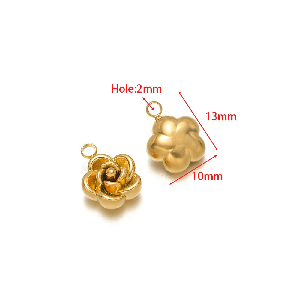 Gold rose flower charms (2-pack), 2mm loop hole, 13mm flower pendant