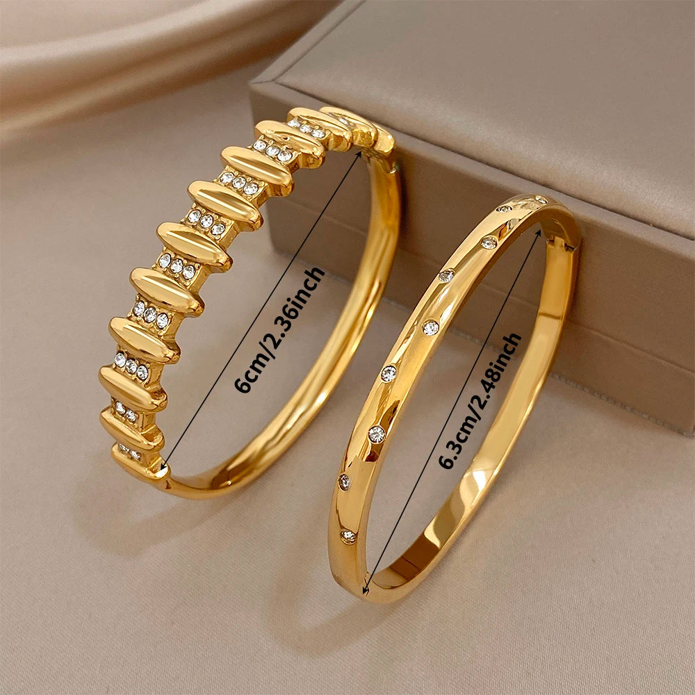Exquisite Gold Plated Stainless Steel Cuff Bangles for Women Vintage Zircon Geometric Wristband Bracelets Waterproof Jewelry