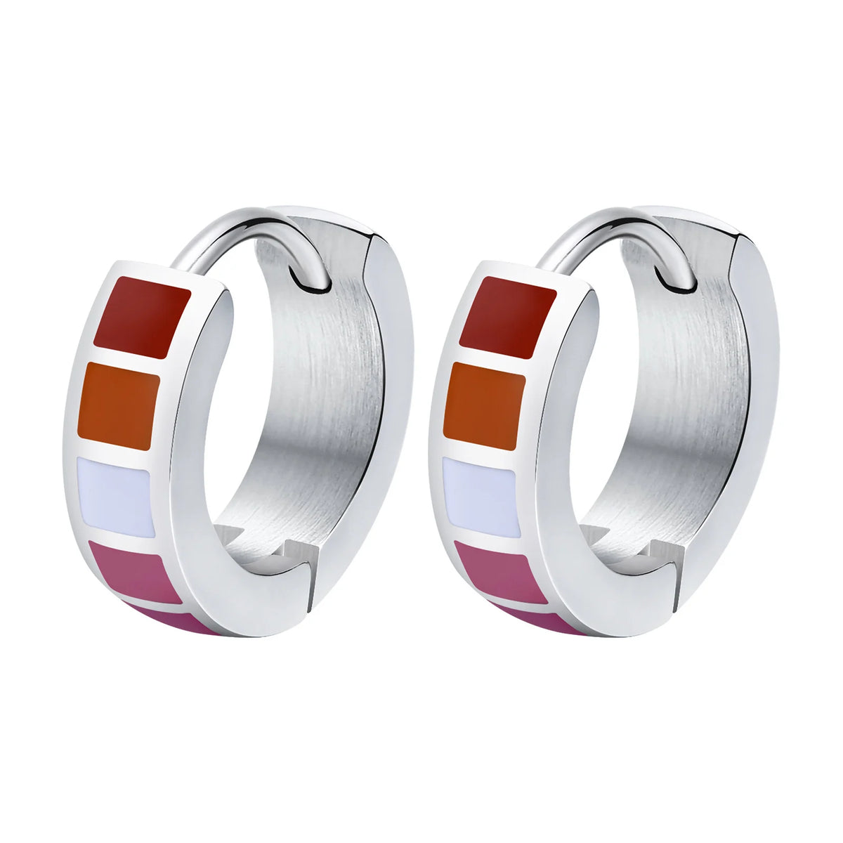 Pair of stainless steel huggie hoops with red, orange, white, and magenta enamel blocks