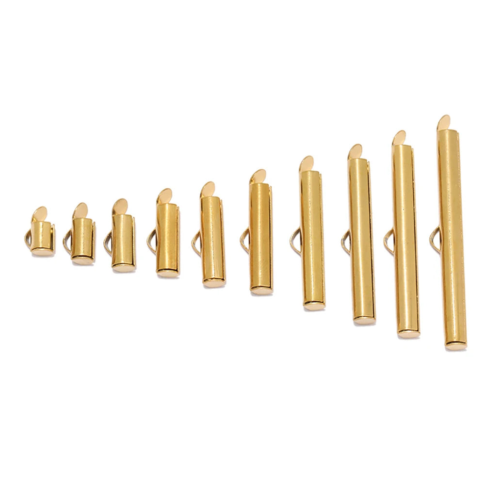Gold crimp end caps with loop openings, assorted sizes in a row