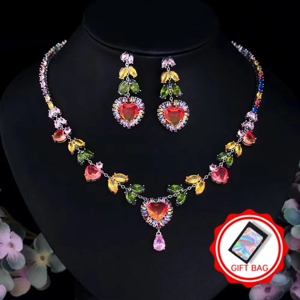 Multicolor heart zircon necklace and earrings with a pink pendant; gift bag included