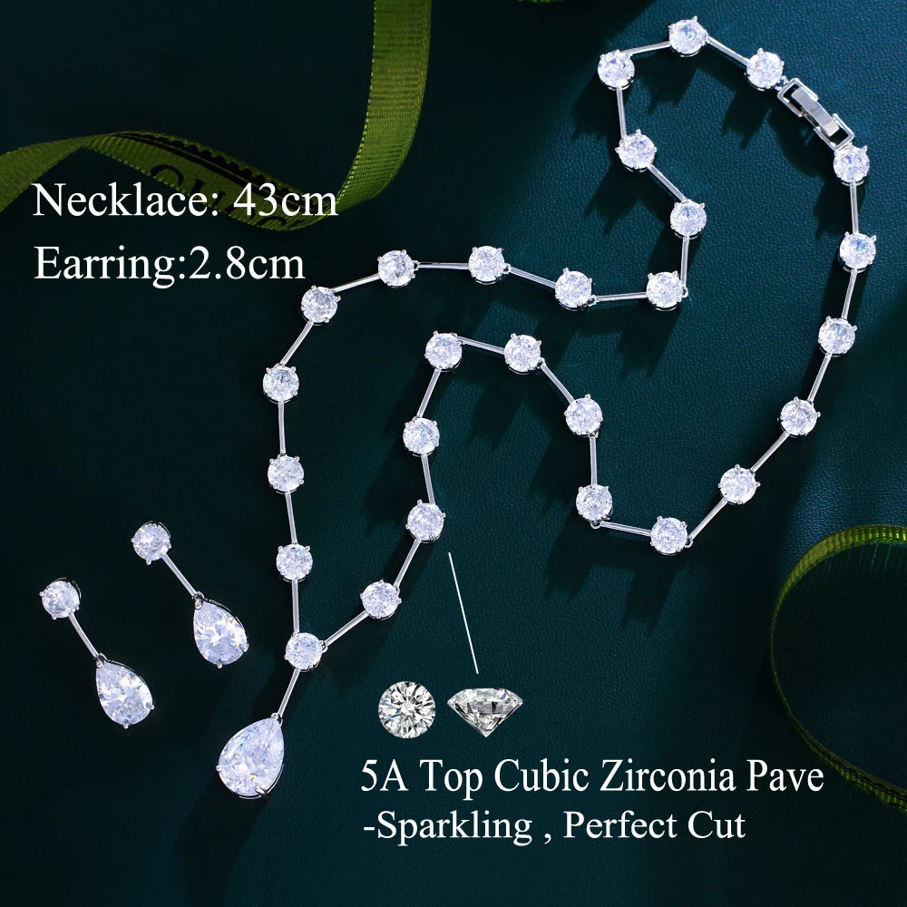 Necklace and drop earrings set with silver-tone cubic zirconia stones in linked teardrop shapes