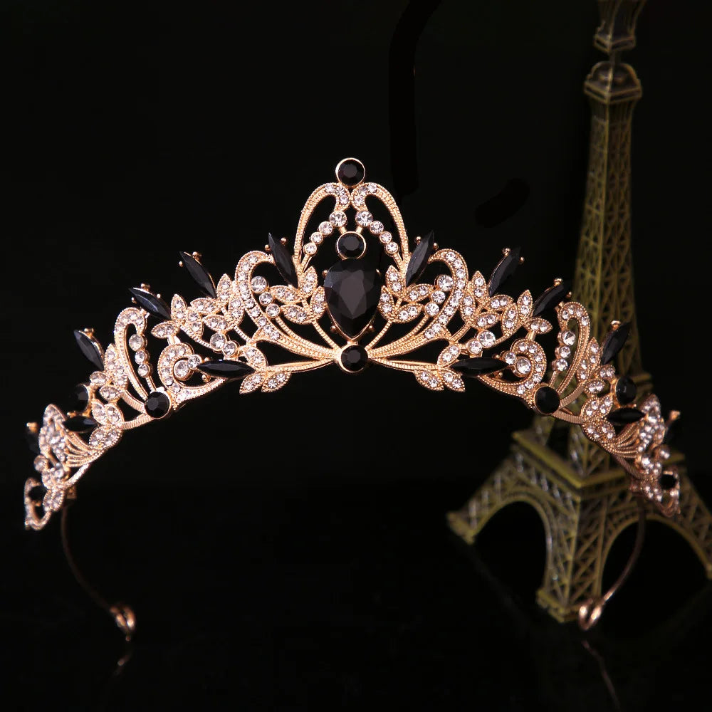 Princess tiara headpiece, rose-gold crown with pink crystal gemstones
