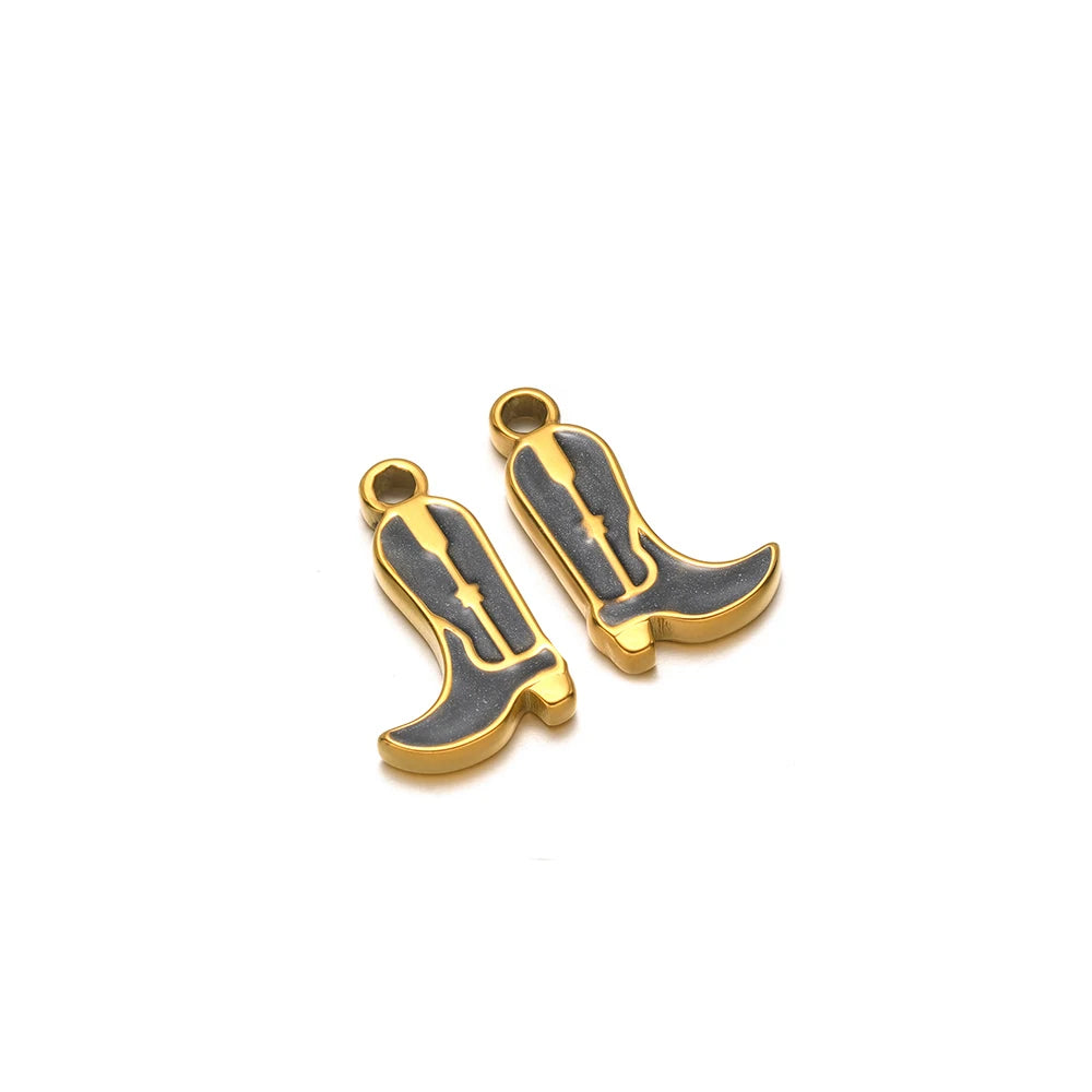 Gold-tone cowboy boot charm set with black stripe detailing, two charms