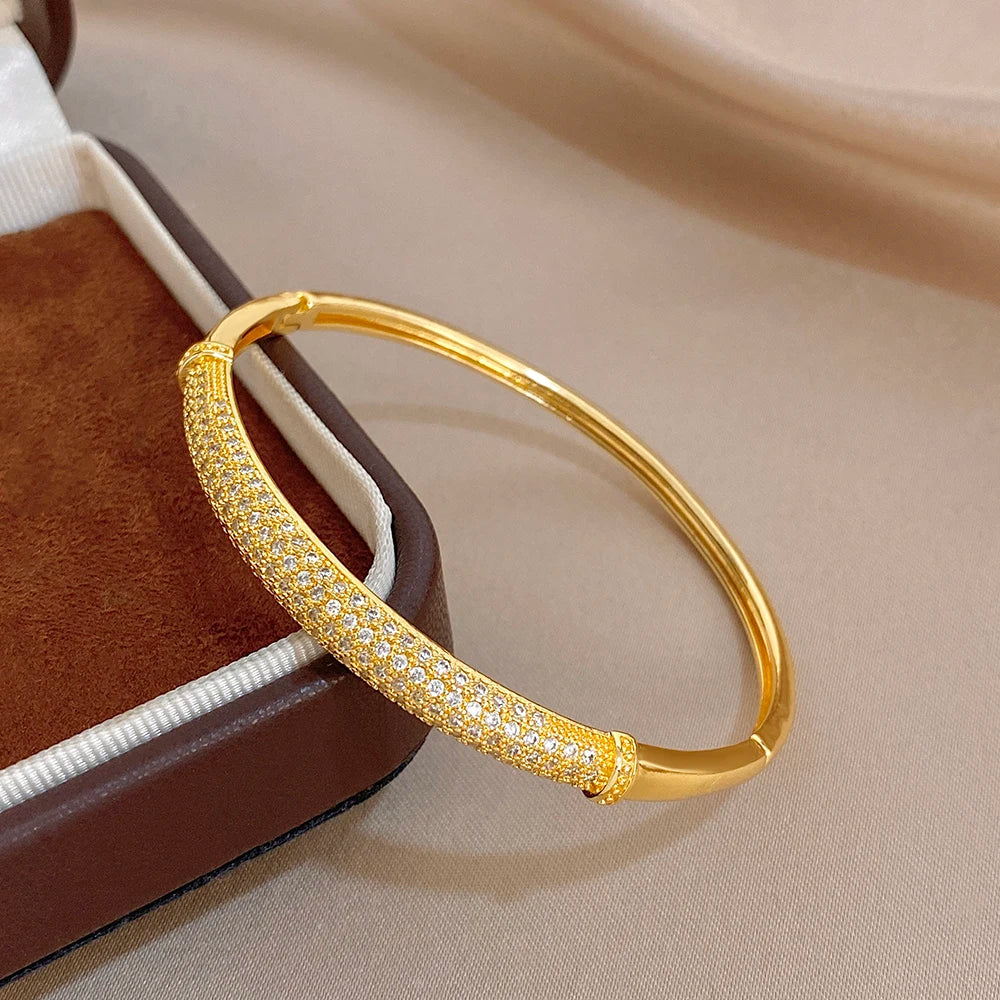 Gold-plated cuff bangle with micro inlaid zircon and wide crystal detail