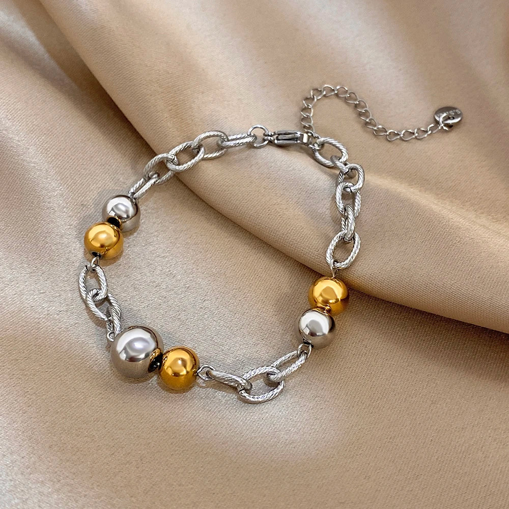 Chubby Two Tone Round Beads Bracelet for Women Fashion Gold Plated Stainless Steel Chain Bracelets Waterproof Jewelry