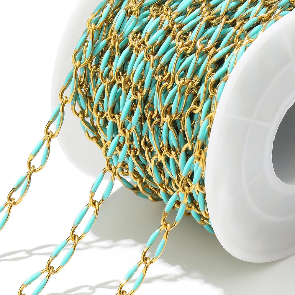 Twisted oval enamel chain, turquoise links with gold tone, DIY jewelry strand