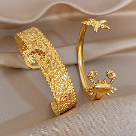 Vintage Hammered Stainless Steel Cuff Bangle for Women Chic Gold Color Starfish Crab Open Bracelets Waterproof Jewelry Set
