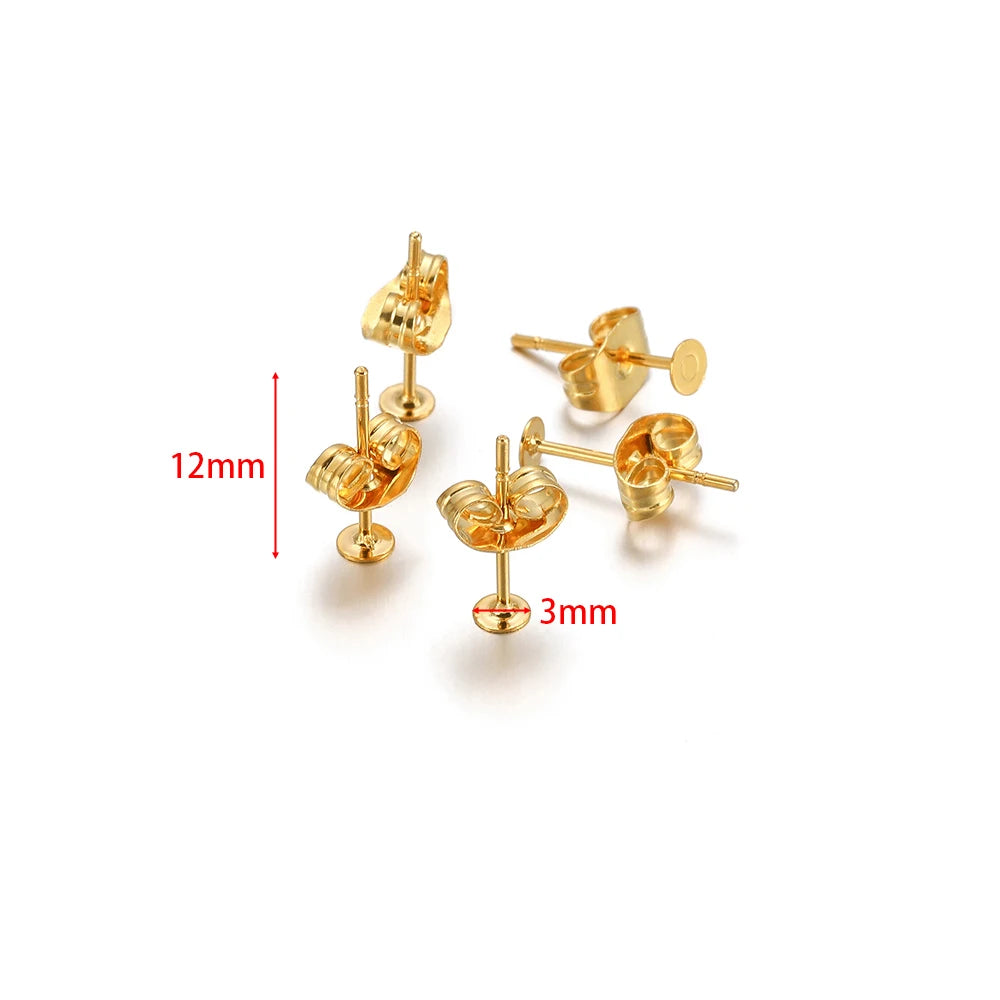 Round flat blank ear stud settings, gold-tone, 12mm posts with 3mm base discs