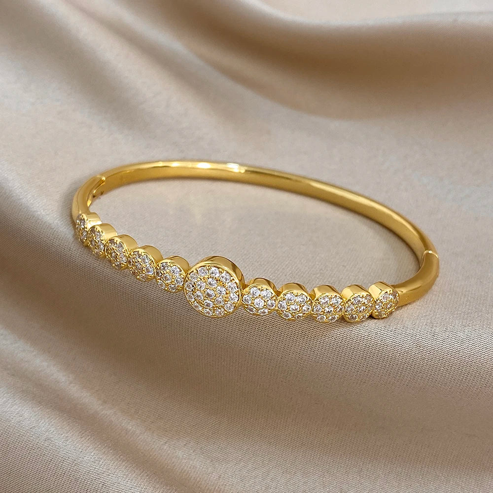 Gold-plated cuff bangle bracelet with round zircon inlay