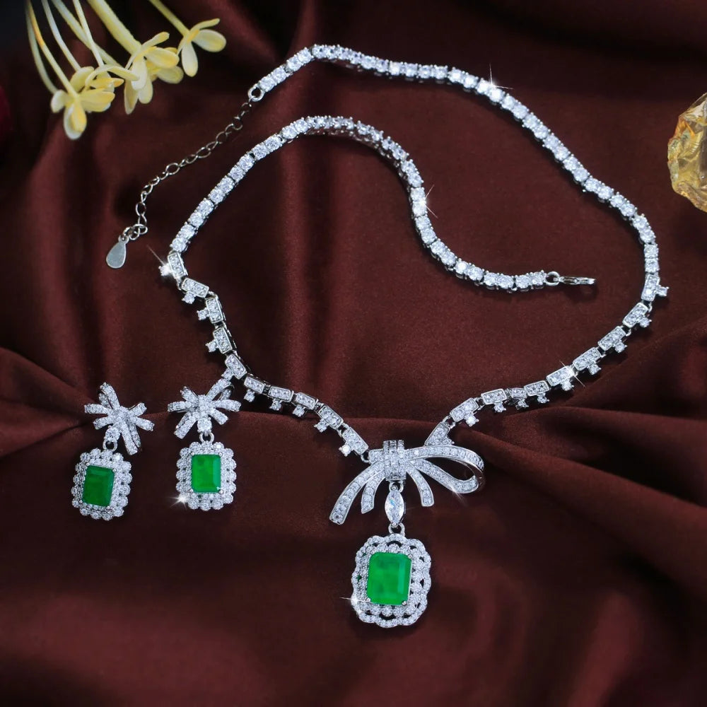 Silver-tone Green CZ ribbon bow necklace with rectangle green dangle earrings set