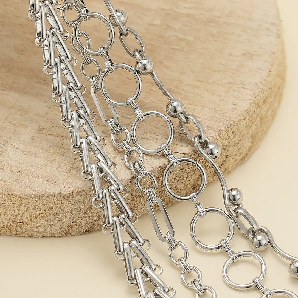 Stainless steel chain necklace with layered round links and bar-link segments