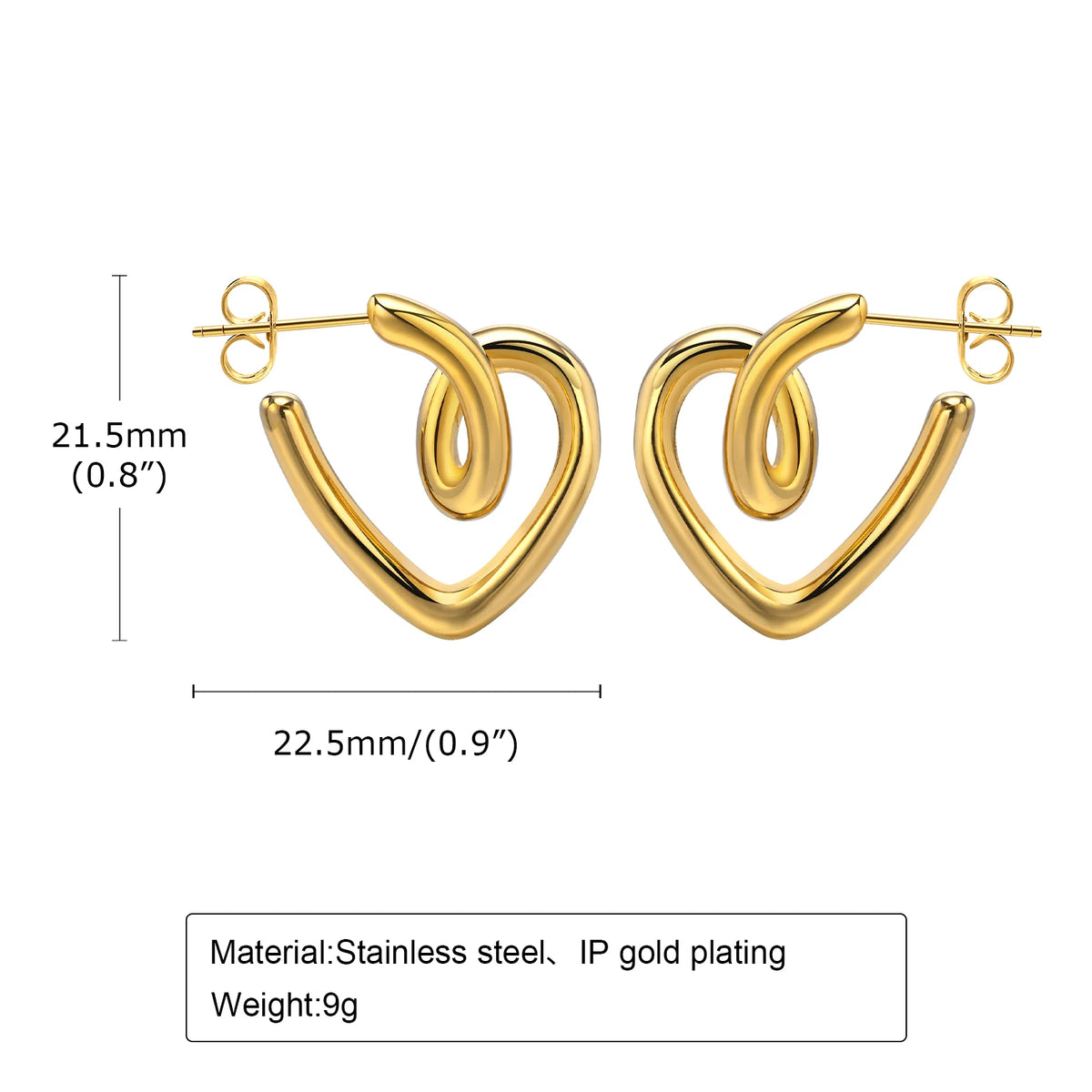 Gold-plated heart hoop earrings, 21.5mm size with stud posts (pair)