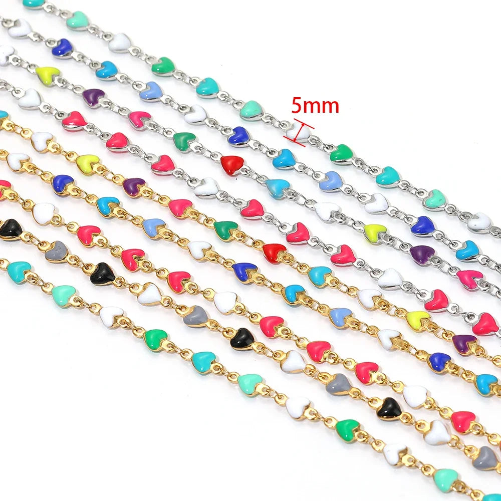 Enamel heart link chain with mixed colors and gold-tone connectors, 5mm links