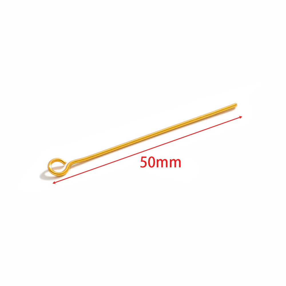 Gold eye pins with loop, stainless steel T-flat head, 50mm length