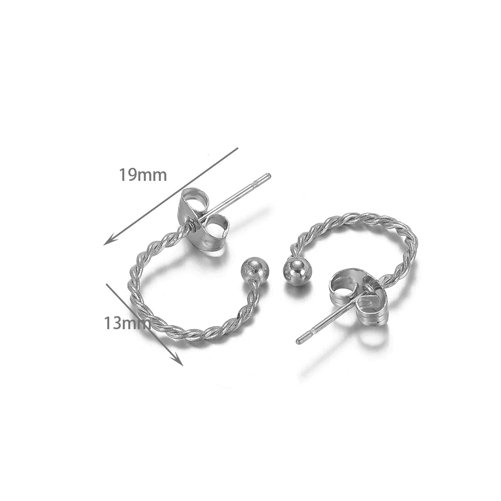 Silver-tone stainless earring hook connectors, 19mm and 13mm size shown with arrows