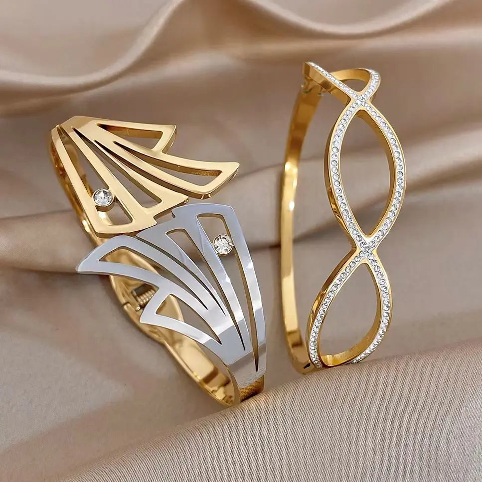 Irregular Gold Plated Stainless Steel Cuff Bangle for Women Exaggerated Geometric Zircon Wide Bracelets Waterproof Jewelry Set