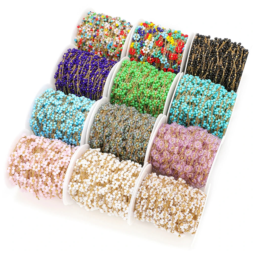 Assorted color daisy flower beaded chains on spools for DIY necklace and bracelet making