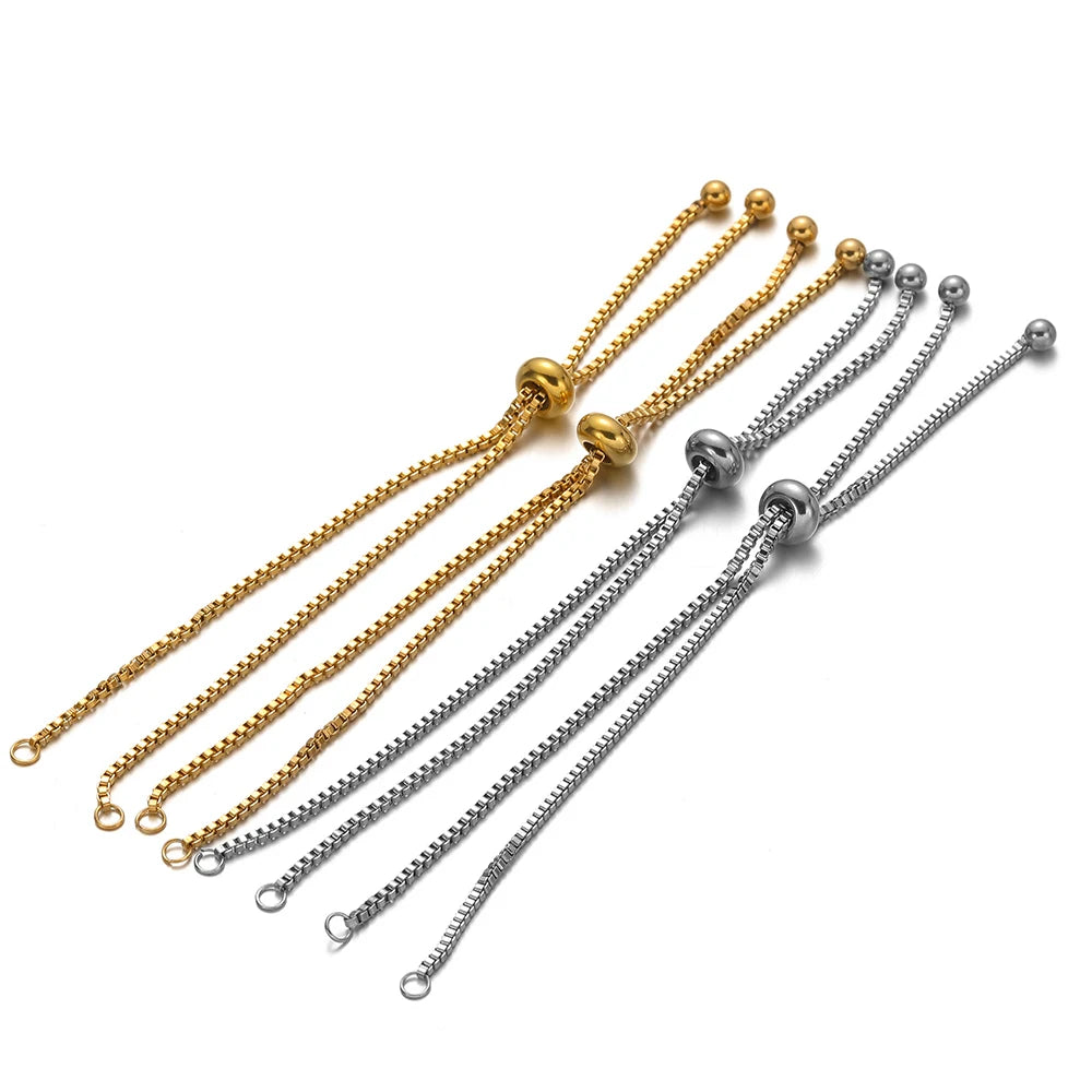 Gold and silver adjustable box chain bracelet connectors with round end beads and hooks